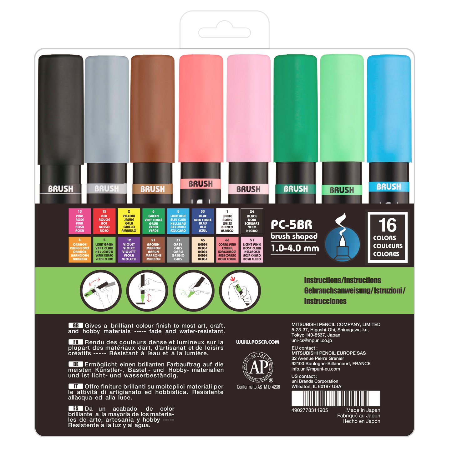 uni® POSCA® PC-5BR, Water-Based Paint Brush Tip Markers (16 Pack)