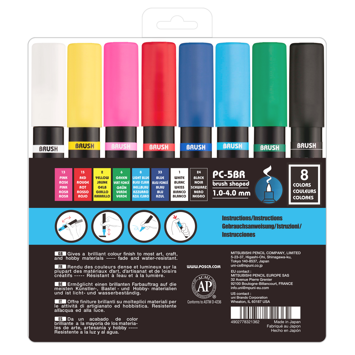 uni® POSCA® PC-5BR, Water-Based Brush Tip Paint Markers (8 Pack)