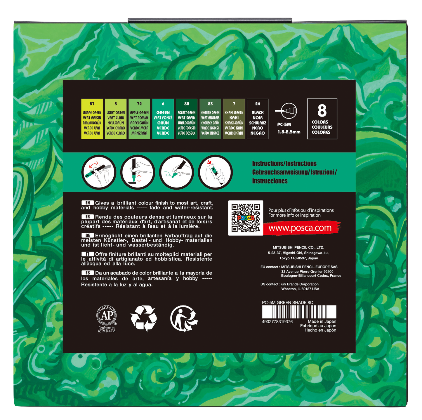 uni® POSCA® PC-5M, Green Shade Water-Based Paint Markers (8 Pack)