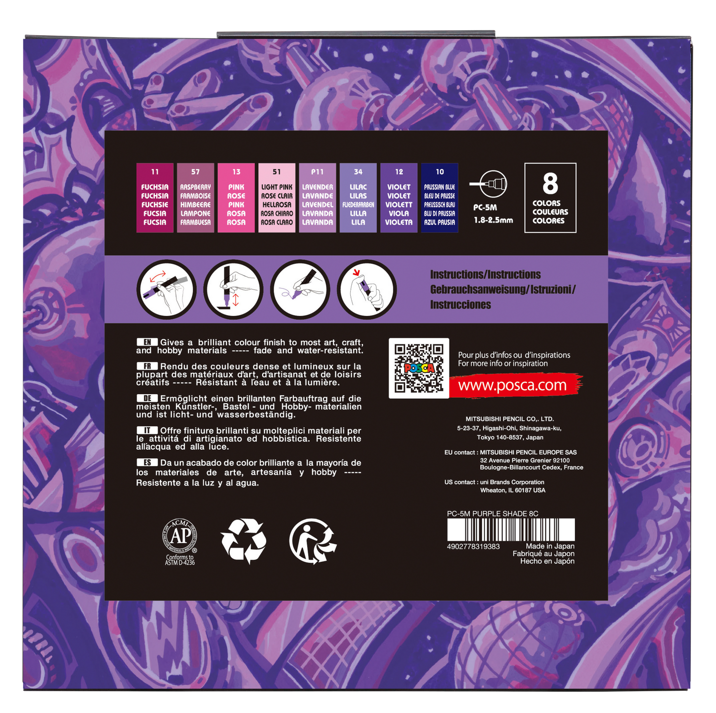 uni® POSCA® PC-5M, Purple Shade Water-Based Paint Markers (8 Pack)
