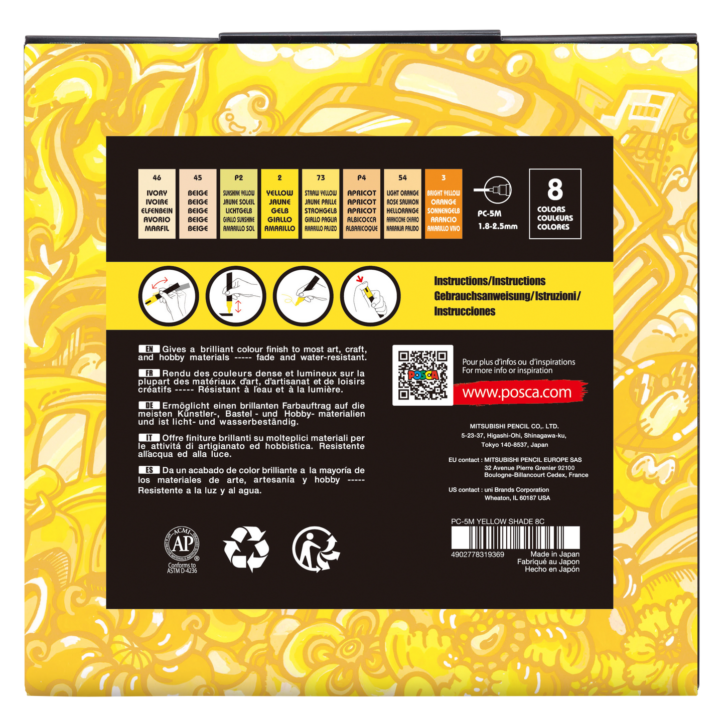 uni® POSCA® PC-5M, Yellow Shade Water-Based Paint Markers (8 Pack)