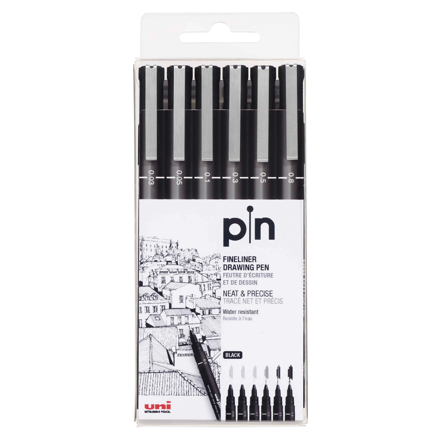 uni® Pin, Fineliner Black Drawing Pens, Assorted Tips, 6 Count